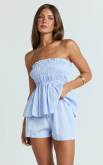 Veronica Two Piece Set - Strapless Peplum Top and Elastic Waist Band Short Set in Blue Stripe