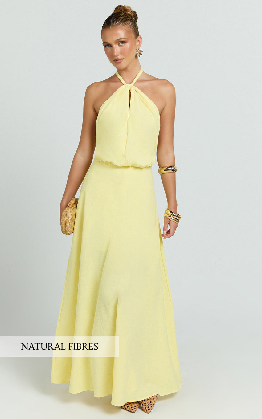 Violetta Maxi Dress - Backless Linen Look Hater Neck Dress in Lemon