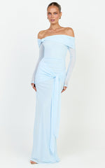 Waverly Maxi Dress - Long Sleeve Off Shoulder Dress in Blue