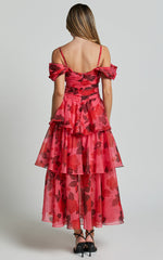 Xena Midi Dress - Off The Shoulder Cut Out Front Layered Dress in Pink Print