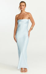 Zaya Midi Dress - Strapless Satin Slip Dress in Pale Blue