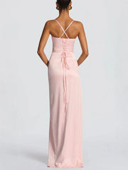 A-Line/Princess Wedding Guest Dresses Spaghetti Straps Sleeveless Floor-Length Side Split Satin Long Prom Dresses With Ruffles&Back Criss Cross Straps